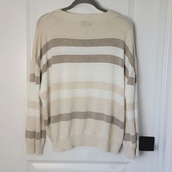 Vici Cream Tan Brown Striped Crew Neck Sweater - Size Medium - Picture 2 of 13